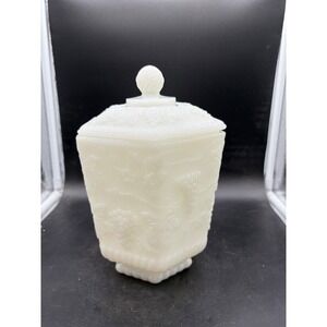 Anchor Hocking Milk Glass Harvest Grape Hexagon Candy Dish with Lid Vintage